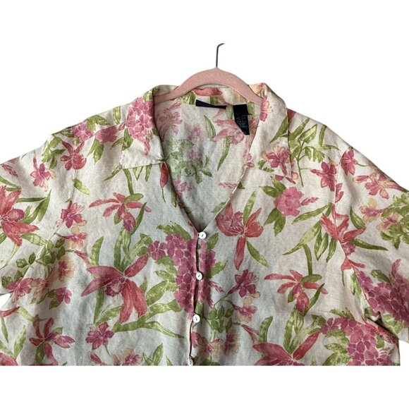 Crazy Horse Liz Clairborne Womens Size 2X Floral Linen-Blend Button-Up Shirt - Picture 2 of 6